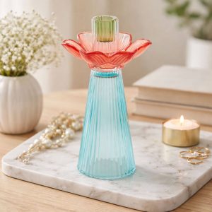 EDG Portacandela Flower arancio / azzurro in vetro H21 cm