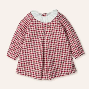 abito neonata INSTANTES MAGICOS con colletto peid de poule rosso mac ilusion